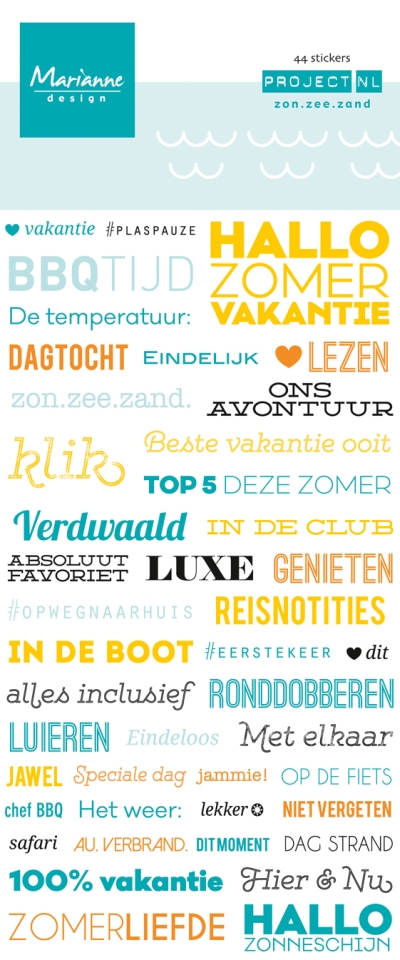 Pl4506 Tekst stickers - zon, zee, strand Project NL stickers - Marianne Design Project NL - Hobbynu.nl